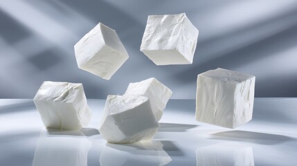 Poster - Five cubes of pale cheese are suspended in mid-air, showcasing their clean lines and texture against a minimalist background reflecting soft light
