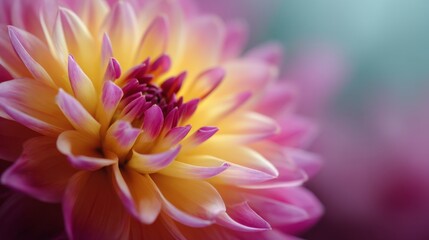 Leinwandbilder - Stunning dahlia bloom showcases vibrant colors and intricate petal structure, set against a softly blurred backdrop that highlights its beauty and detail