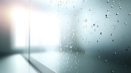 Aufkleber - Water droplets cling to a frosted windowpane as gentle sunlight streams through, creating a peaceful and ethereal atmosphere with ample copy space
