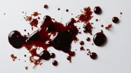 Poster - Concentrated dark coffee droplets and splashes are artistically displayed on a smooth white surface, showcasing intricate texture and high-contrast lighting