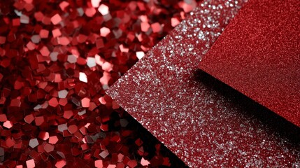 Aufkleber - This close-up view showcases shiny red glitter paper with sparkling flecks, featuring a textured surface perfect for festive decorations and creative designs