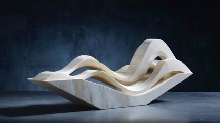 Poster - A polished white marble sculpture with elegant wave patterns is softly lit to enhance its curves, set against a dark textured background for striking contrast