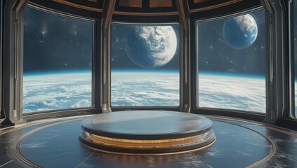 Wall Mural - Space Viewing Room with Earth and Planets in the Background  