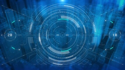 Fototapete - Technology HUD Screen Visual Data Tracker Aerial View Fly Through Over Blue Digital Building Processing System 4K Motion.