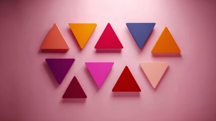 Fototapete - Colorful triangular shapes in warm tones are arranged neatly in a grid pattern against a soft pink backdrop, highlighting geometric creativity and structure