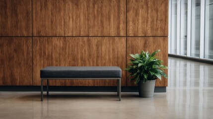 Poster - A minimalist living area showcases a charcoal bench against a cedar wood-paneled wall, accompanied by a potted succulent in soft, diffused lighting