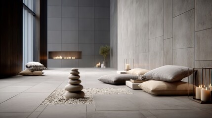 Aufkleber - This serene nook has stacked pebbles, comfy cushions, and gentle lantern light, creating a peaceful atmosphere for meditation and reflection