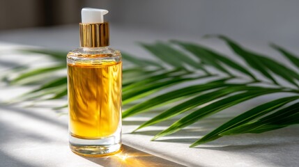 Poster - Brightly colored serum bottle is positioned centrally among lush tropical leaves, casting dramatic shadows and highlights that enhance its shape and color