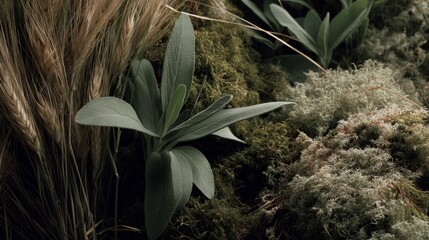 Poster - Close-up capture features serene sage leaves and lush moss intertwined with delicate grasses, showcasing calming natural textures in soft green tones
