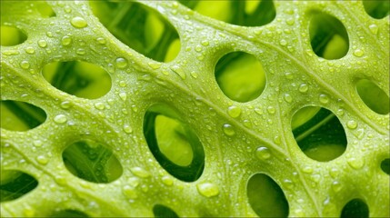Aufkleber - Delicate condensation beads glisten on a broad monstera leaf, emphasizing nature's beauty and intricate texture in a tranquil, green setting