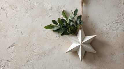 Fototapete - Wooden star ornament hanging against a textured cream wall, accompanied by a sprig of evergreen, captures soft natural light in a minimalist festive setting