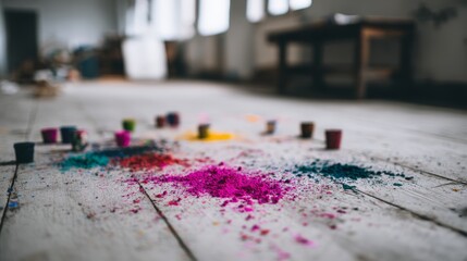 Poster - Close-up view captures a lively palette of splattered colors on a wooden table, showcasing artistic potential. Natural light enhances the vibrant hues