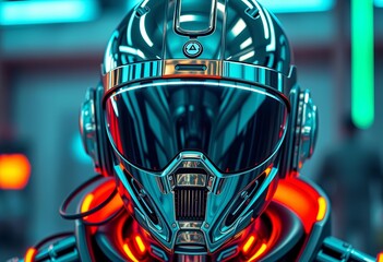 Wall Mural - Sleek chrome helmet, intricate circuitry, glowing neon accents, futuristic attire,  blank, futuristic
