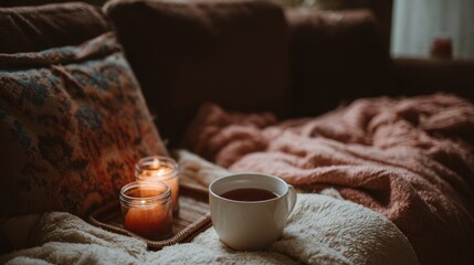 Aufkleber - Soft blankets drape over the couch while a tea tray and lit candles create an inviting atmosphere in this warm living room space, perfect for relaxation