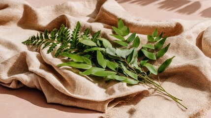 Poster - Eucalyptus and fern leaves overlap softly on a textured fabric in warm natural light, casting gentle shadows and creating a serene, inviting composition