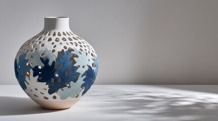 Leinwandbilder - A medium close-up captures an intricately patterned white ceramic vase featuring pale blue motifs, set against a seamless white background with soft shadows