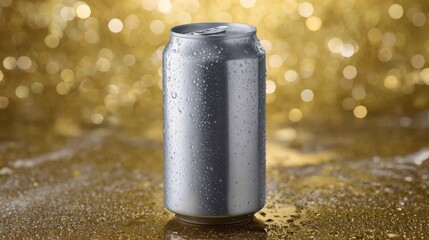 Poster - Metallic beverage can glistens with water droplets, set against a backdrop of golden bokeh lights, evoking a cool and refreshing vibe with ample space for text