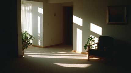 Aufkleber - Close-up view of a leather chair in a dark-walled room. A ceramic pot plant complements the soft morning light casting long angular shadows across the floor