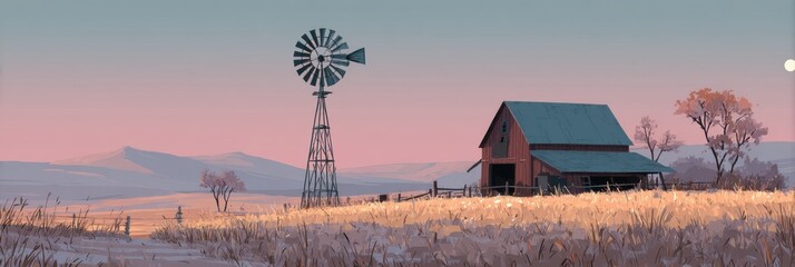 Aufkleber - Windmill and Barn Under a Pastel Sky During Dusk in a Serene Countryside Landscape