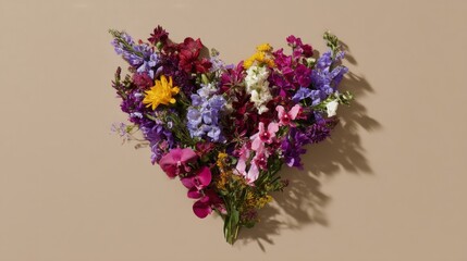 Poster - A beautiful arrangement of colorful blooming flowers forms a heart shape against a neutral backdrop, capturing the essence of love and celebration