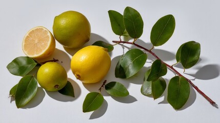 Poster - Whole and sliced lemons sit with vibrant green leaves on a clean white surface, showcasing their bright colors and textures while providing copy space for creative use