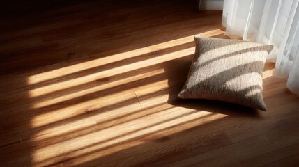 Aufkleber - Textured cushion rests on hardwood floor as warm sunlight filters through blinds, casting distinctive striped patterns over the fabric and smooth wood
