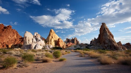 Aufkleber - Rugged desert terrain showcases vibrant rock layers with long shadows cast by the soft evening light. Patches of grass add contrast to the landscape