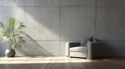 Aufkleber - This living space embodies simplicity with a rough concrete wall, wooden floor, neutral armchair, natural light, and a single plant