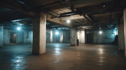 Leinwandbilder - Raw concrete walls define this industrial room, where beams of light create dramatic contrasts across the floor, setting an atmospheric mood