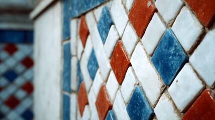 Aufkleber - This striking mosaic wall displays interlocking geometric tiles in bright hues, creating a dynamic atmosphere perfect for inspiring creativity and problem-solving