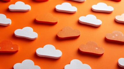 Poster - Soft white and orange cloud shapes scatter across a bold orange backdrop, creating an airy, minimalistic design that evokes a sense of lightness and creativity