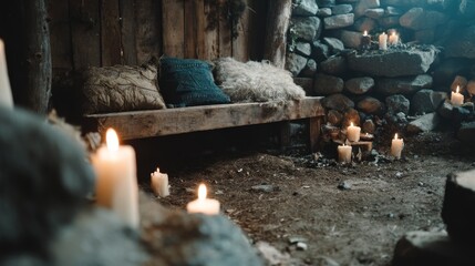 Poster - A mystical chamber with a carved wooden bench, flickering candles, and a warm-lit stone floor creates an enchanting atmosphere