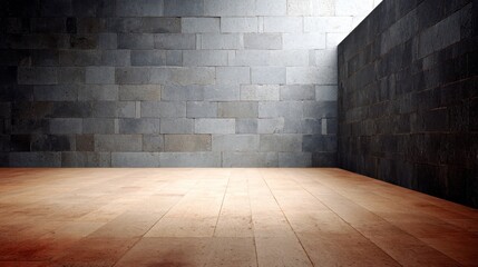 Fototapete - Wide-angle view of a contemporary room featuring a smooth cement wall and a textured charcoal brick accent, illuminated by soft golden light in the afternoon