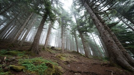 Poster - Wide-angle view captures a dense forest with towering trees, tangled vines, and mist rising from the rich green ground under stormy skies