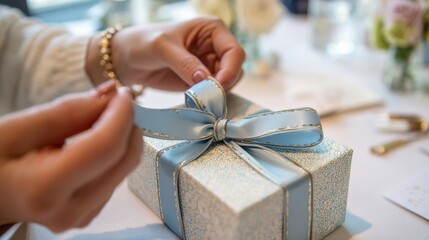 Aufkleber - Gift Wrapping Activity With Hands Tying a Bow on a Present on a White Tabletop During a Festive Gathering or Celebration Event