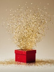 Poster - Gold Confetti Erupts From Small Red Box Creating a Festive Atmosphere for Celebrations and Special Occasions