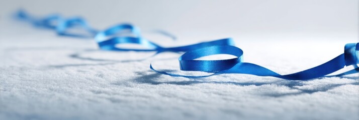 Leinwandbilder - Blue Gift Ribbon Elegantly Trails Across a Smooth White Surface Creating a Delicate and Charming Visual Effect