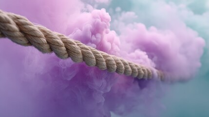 Aufkleber - A coiled hemp rope is surrounded by swirling clouds of neon pink and teal mist, creating an energetic and artistic atmosphere that captivates the viewer