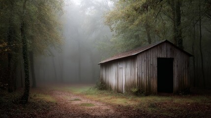 Poster - A weathered wooden house stands isolated deep in the forest, surrounded by fog and tree branches, creating a mysterious and moody atmosphere