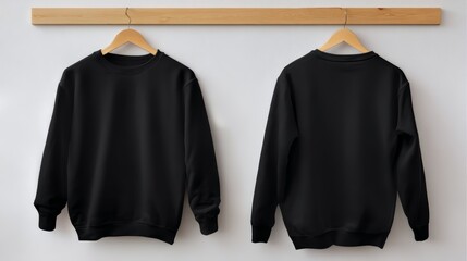 Leinwandbilder - Showcasing a black sweatshirt mockup in front and back views on a wooden hanger, set against a minimalist white background for design purposes