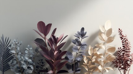 Poster - Carefully arranged leafy elements create a decorative border effect, playing with shadows to enhance depth against a neutral background