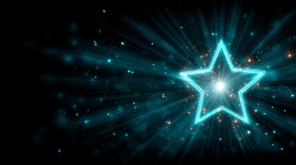 Poster - A vibrant blue star radiates light against a deep black background, surrounded by delicate sparkles and beams that add a festive charm to the scene