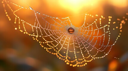 A close-up of a spiderweb covered in delicate water droplets, glistening like tiny jewels in the morning light, showcasing the intricate design