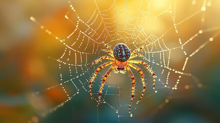 A close-up of a spiderweb glistening with morning dew, showcasing its intricate structure and delicate beauty A marvel of natural engineering
