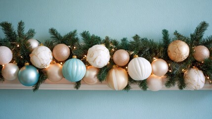 Aufkleber - A vibrant evergreen garland with various ornaments creates a warm, festive atmosphere against a soft teal backdrop, perfect for celebrating the holiday season