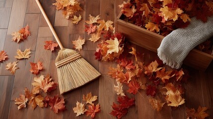 Poster - Rustic broom rests among colorful autumn leaves on a wooden floor, capturing the essence of fall and inviting cozy seasonal vibes to any space