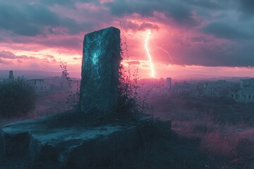 Wall Mural - Dramatic image of a stone monument with overgrown vines, set against a lightning storm and ruined city at dusk.