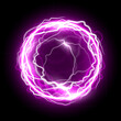 © backup16 - Light energy ball. Glowing purple power sphere with electric lightning effect on black background. Futuristic plasma ball, magic orb, game portal. Abstract vector illustration.