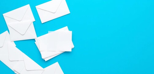 Wall Mural - Neat stack of blank white envelopes on a vibrant blue background , surface, studio shot