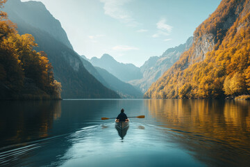 Wall Mural - person rowing in kayak on serene autumn lake surrounded by vibrant trees and majestic mountains, evoking sense of tranquility and connection with nature